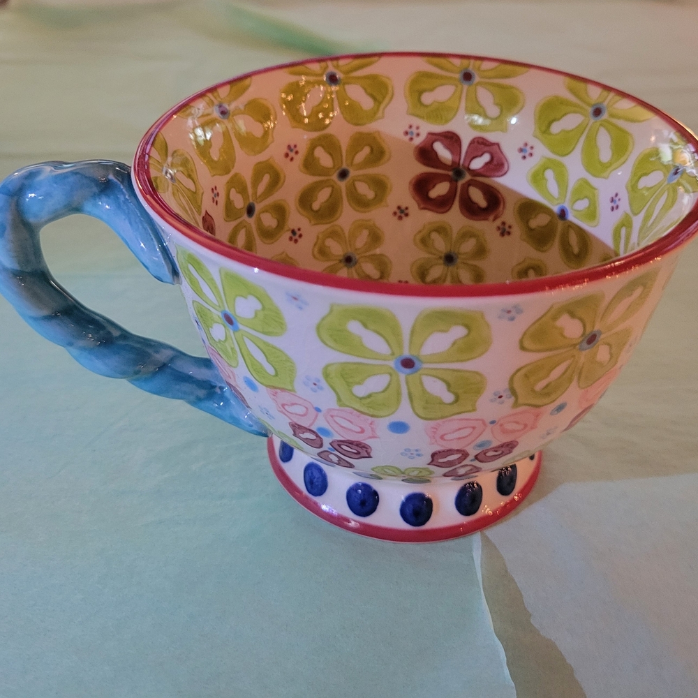 Anthropologie 12 Oz. Floral Patterned Cup With Blue Handle